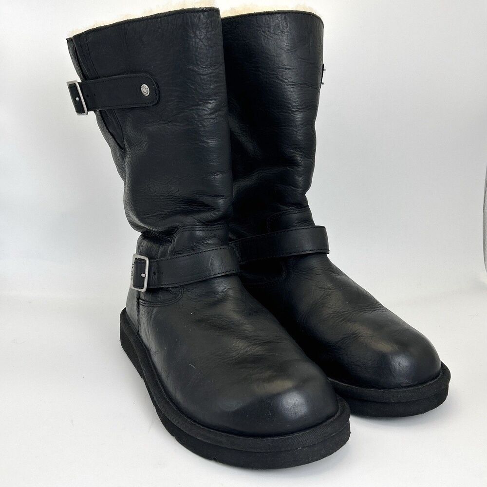 UGG Kensington Biker Moto Boots Womens Sz 10 Black Leather Buckle Shearling 5678 - Picture 2 of 9